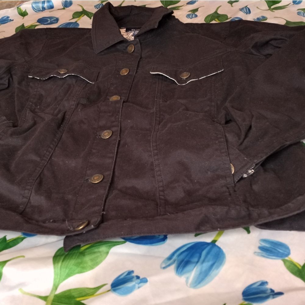D & Co Button UP Denim Jacket Black Lng Slve Pockets Cotton Blend Women's
